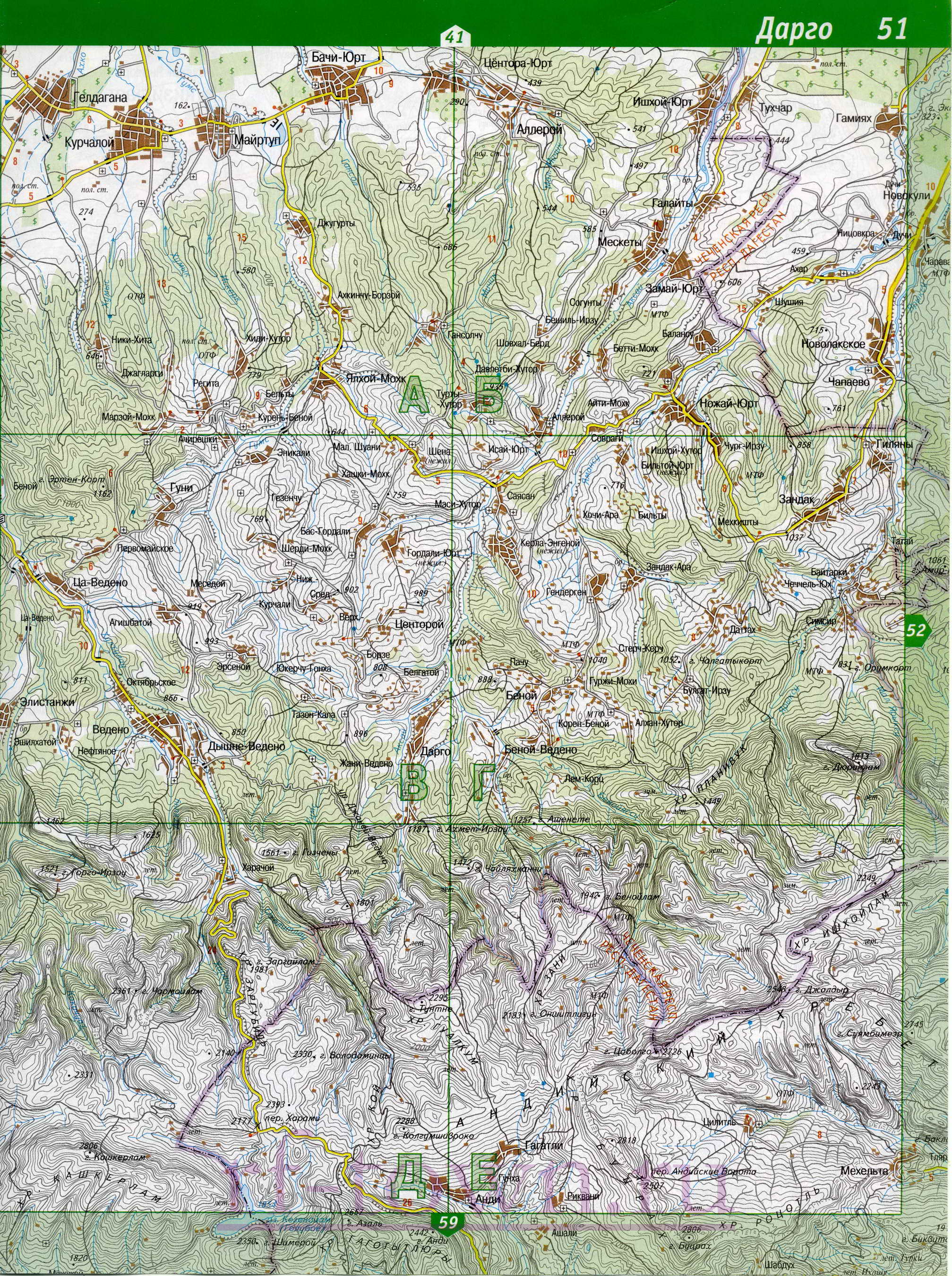 Карта Чеченской республики. Чеченская республика - подробная топографическая карта масштаба 1см:2км, C2 - 