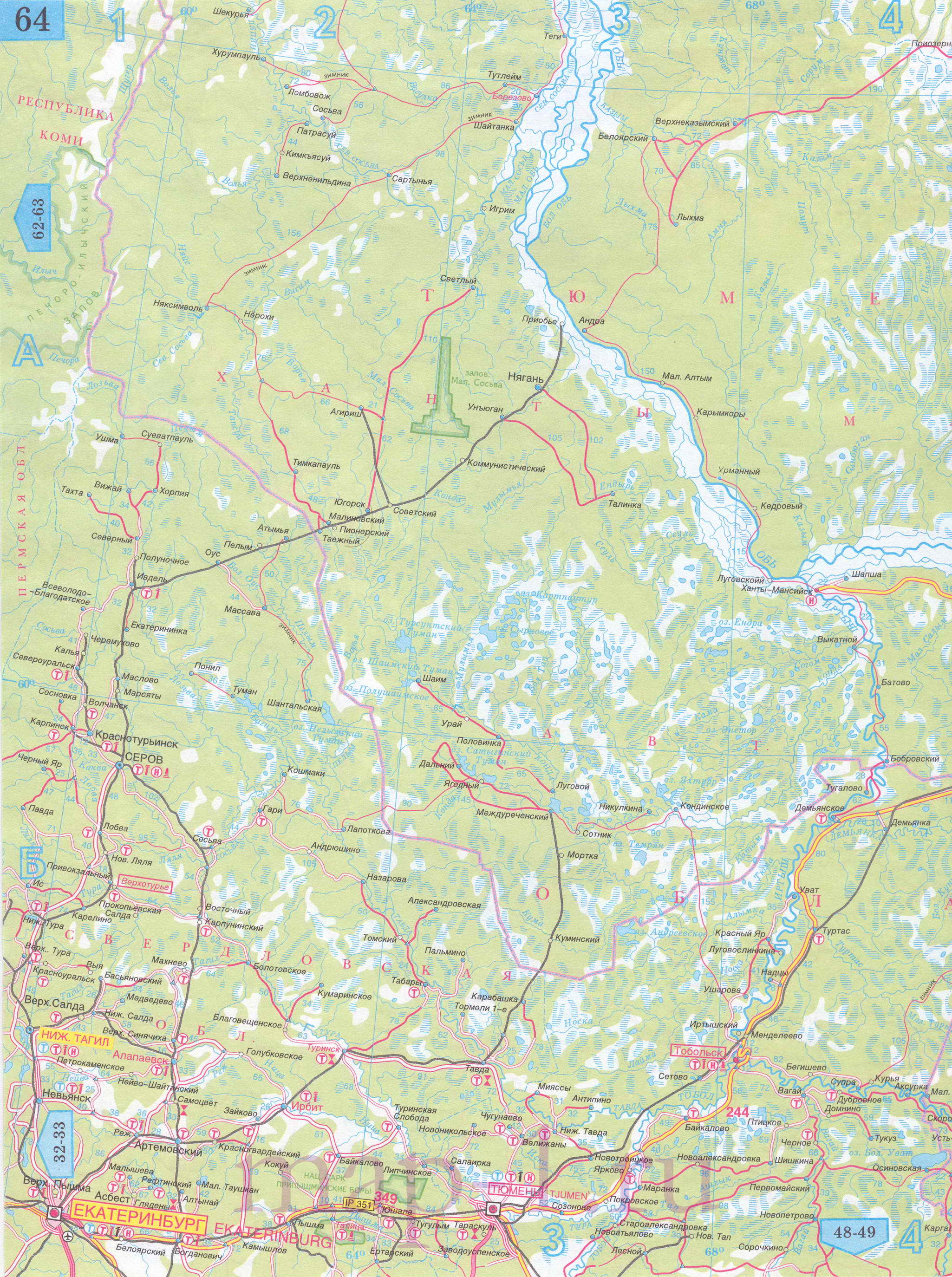 Карта Ханты-Мансийского округа автомобильная. Подробная карта дорог - Ханты-Мансийский округ, масштаб 1см:30км, A0 - 