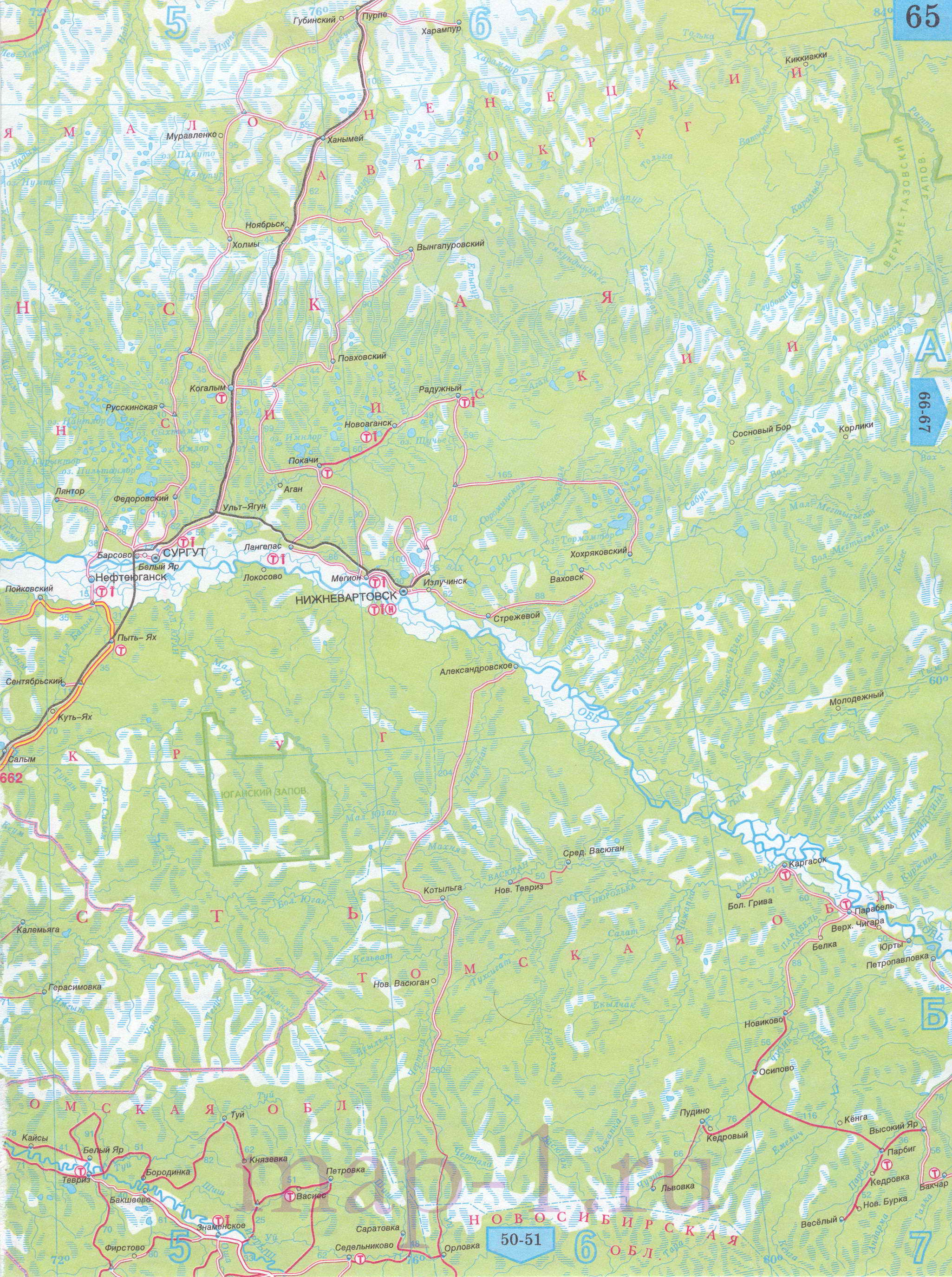 Карта Ханты-Мансийского округа автомобильная. Подробная карта дорог - Ханты-Мансийский округ, масштаб 1см:30км, B0 - 