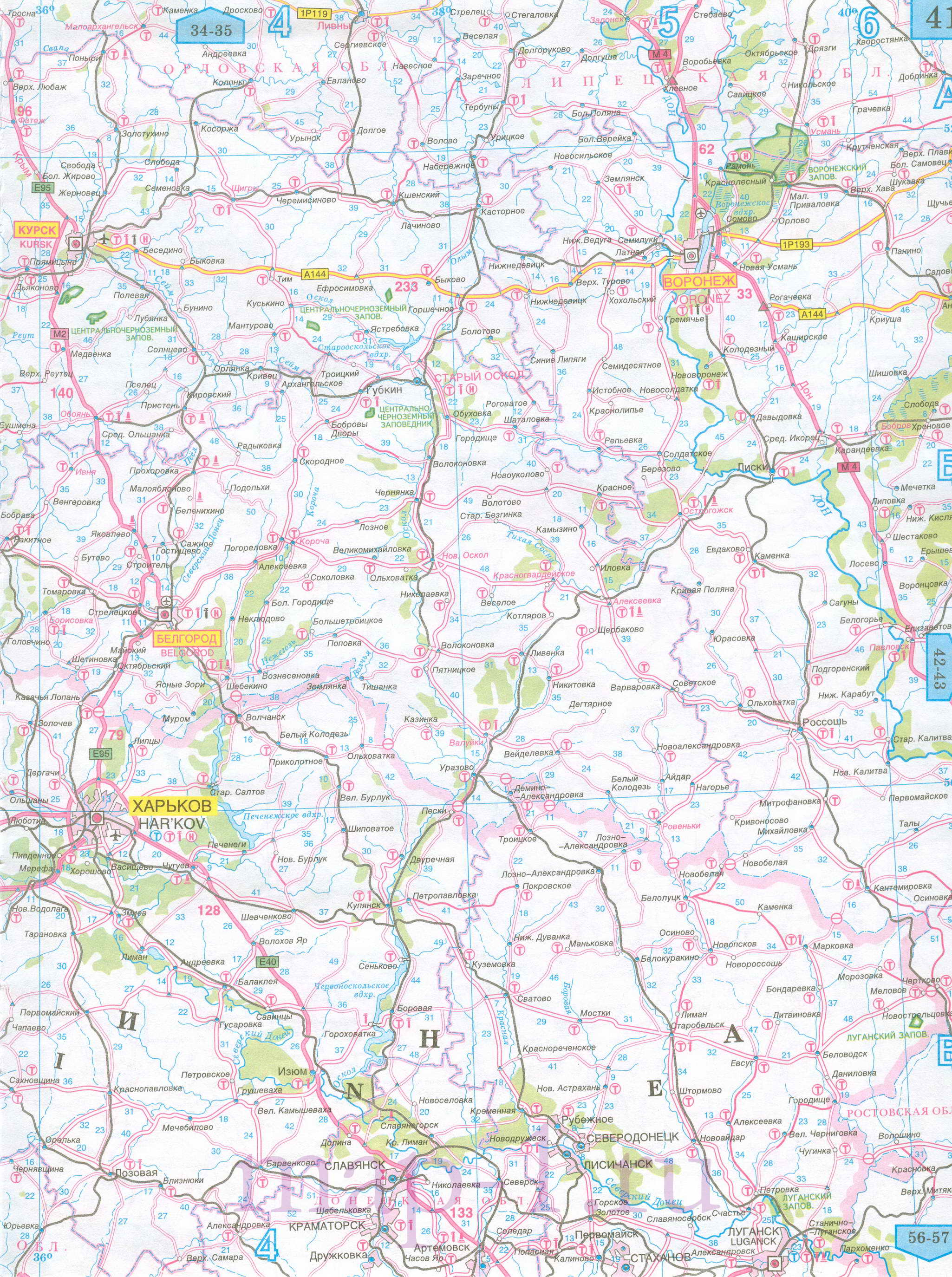 Карта Курской области автомобильная. Подробная карта дорог - Курская область, масштаб 1см:15км, B0 - 