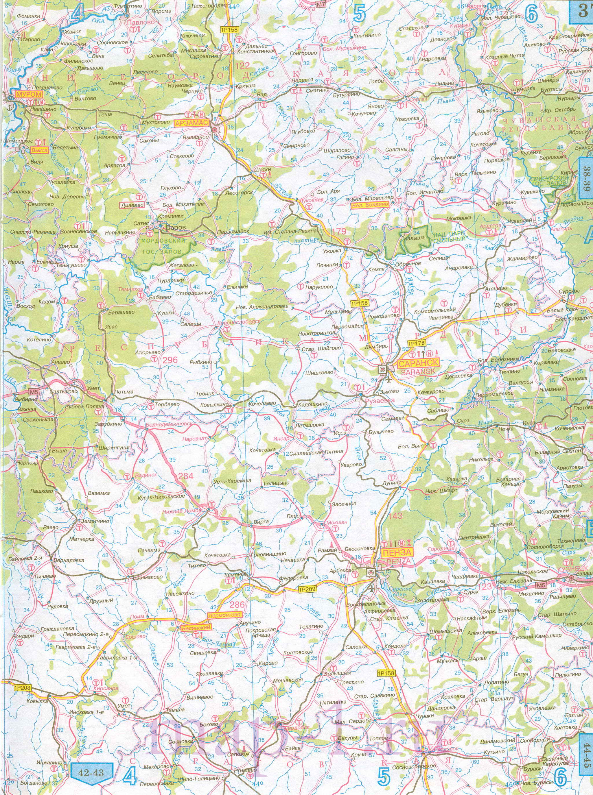 Карта Рязанской области автомобильная. Подробная карта дорог - Рязанская область, масштаб 1см:15км, B0 - 