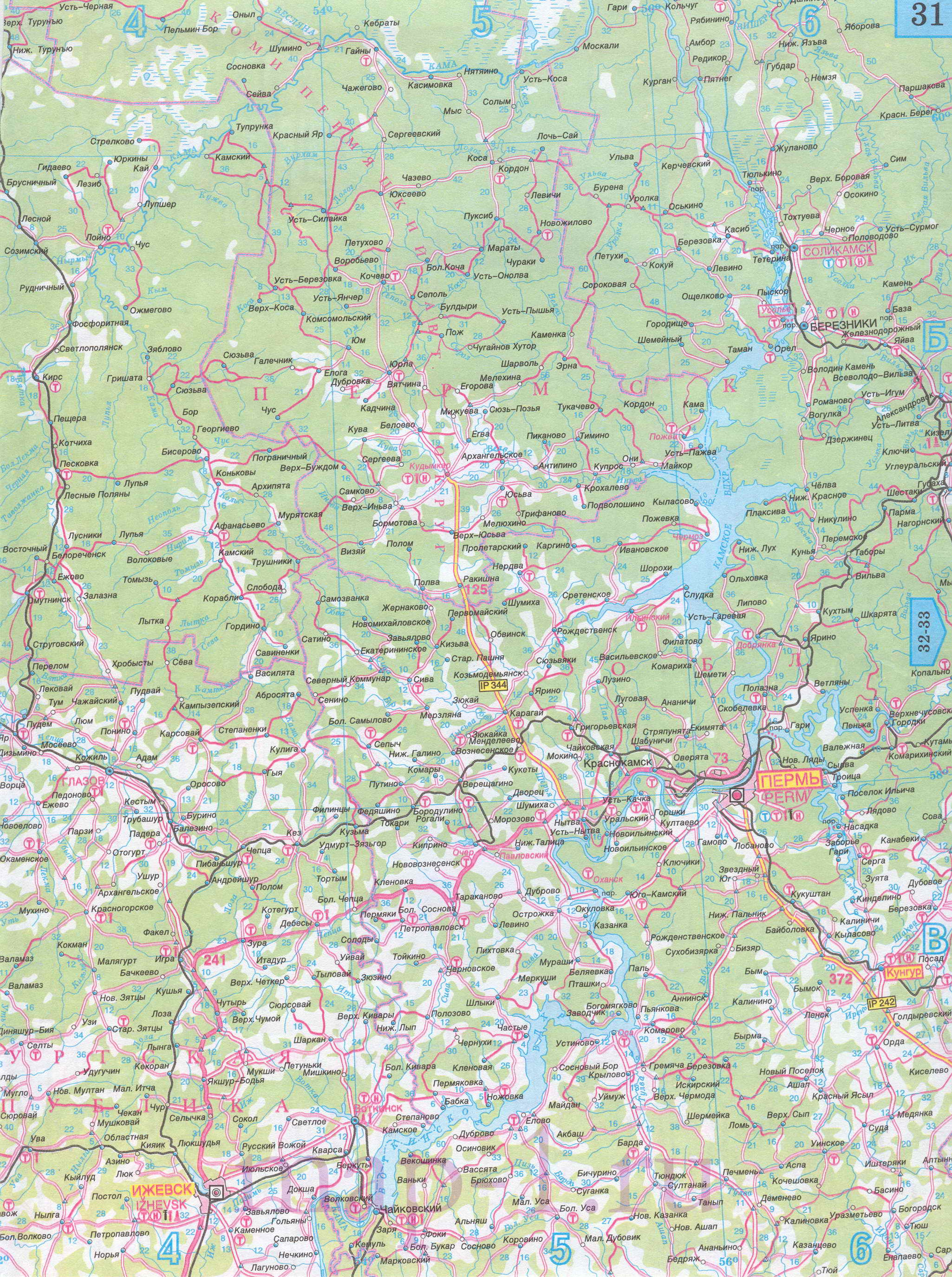 Карта Кировской области автомобильная. Подробная карта дорог - Кировская область, масштаб 1см:15км, B0 - 