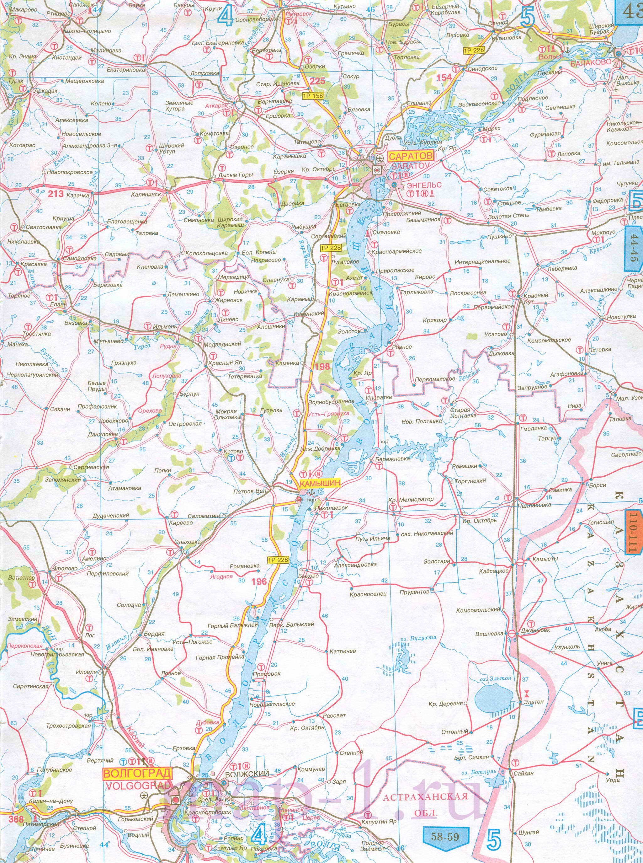 Карта Волгоградской области автомобильная. Карта дорог - Волгоградская область, масштаб 1см:15км, B0 - 