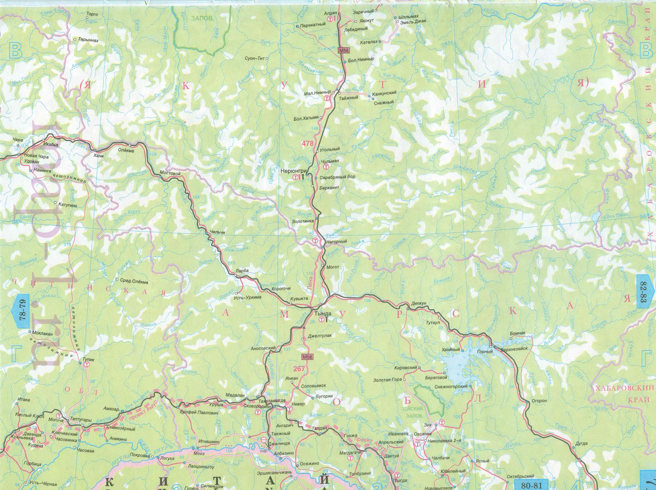 Карта Якутии автомобильная. Подробная карта автодорог - республика Якутия (южная часть), масштаб 1см:30км, B1 - 