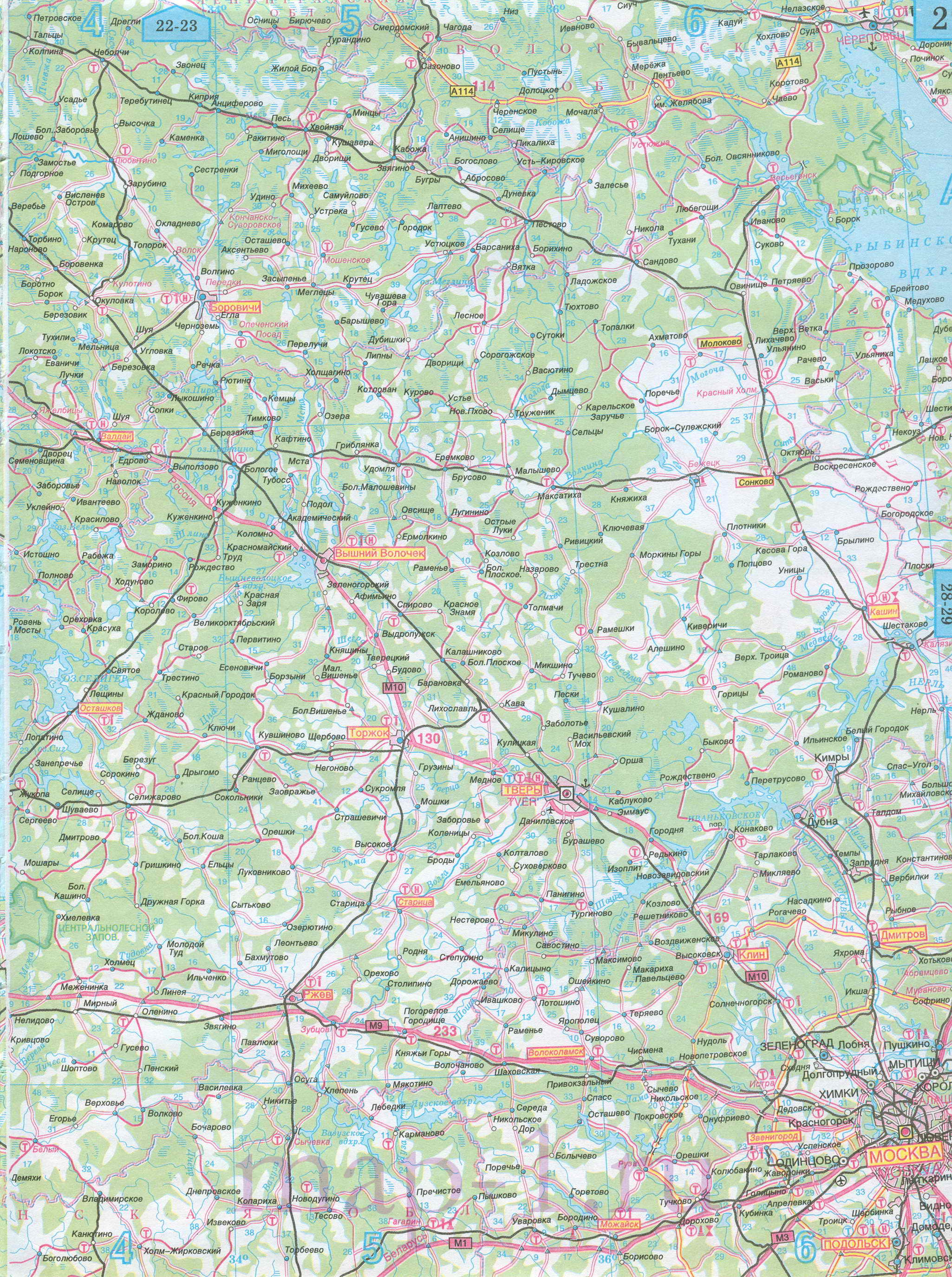 Карта Тверской области автомобильная. Подробная карта автодорог - Тверская область, масштаб 1см:15км, B0 - 