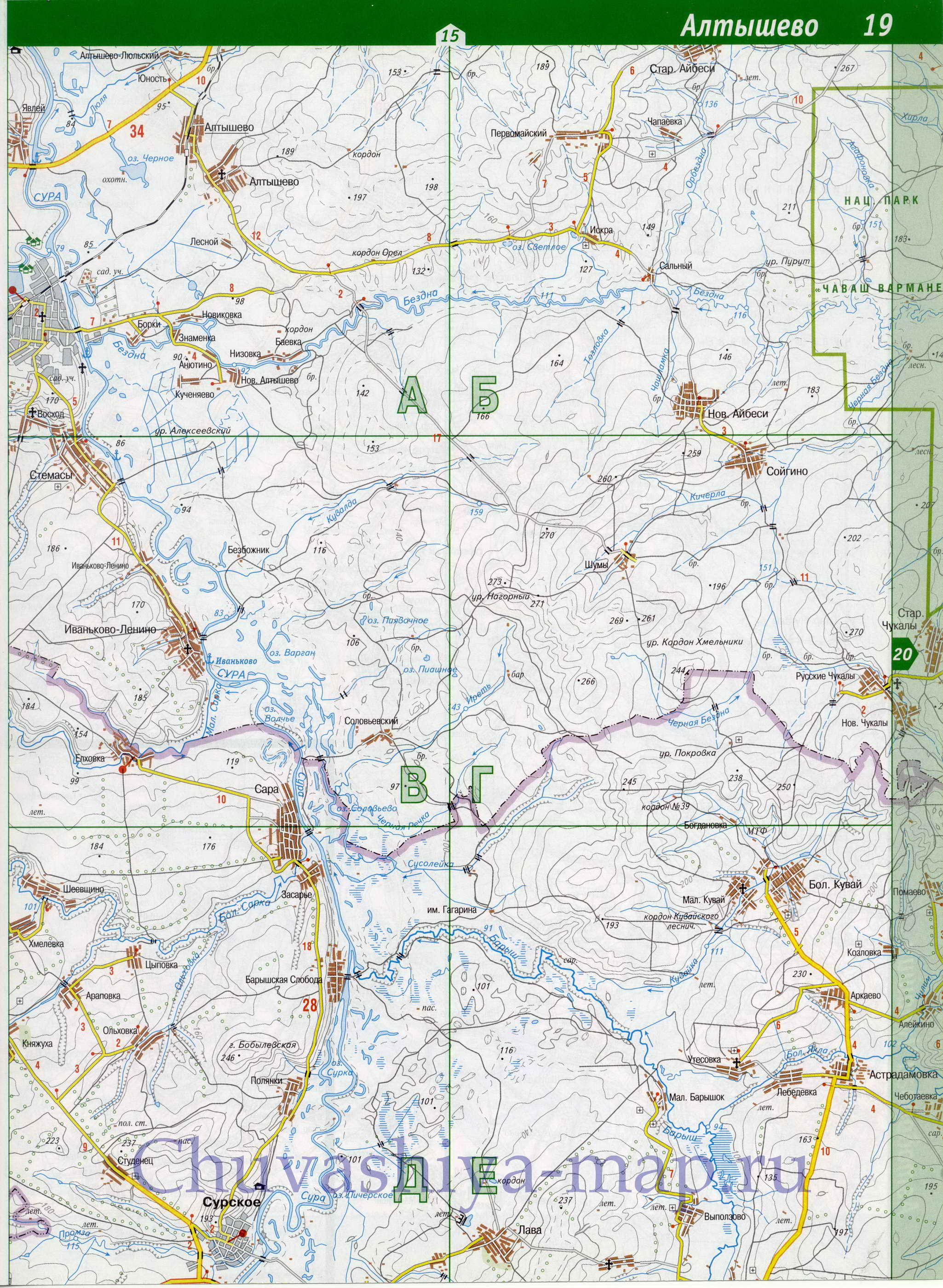 Карта Чувашии. Республика Чувашия - подробная топографическая карта масштаба 1см:2км, B3 - 