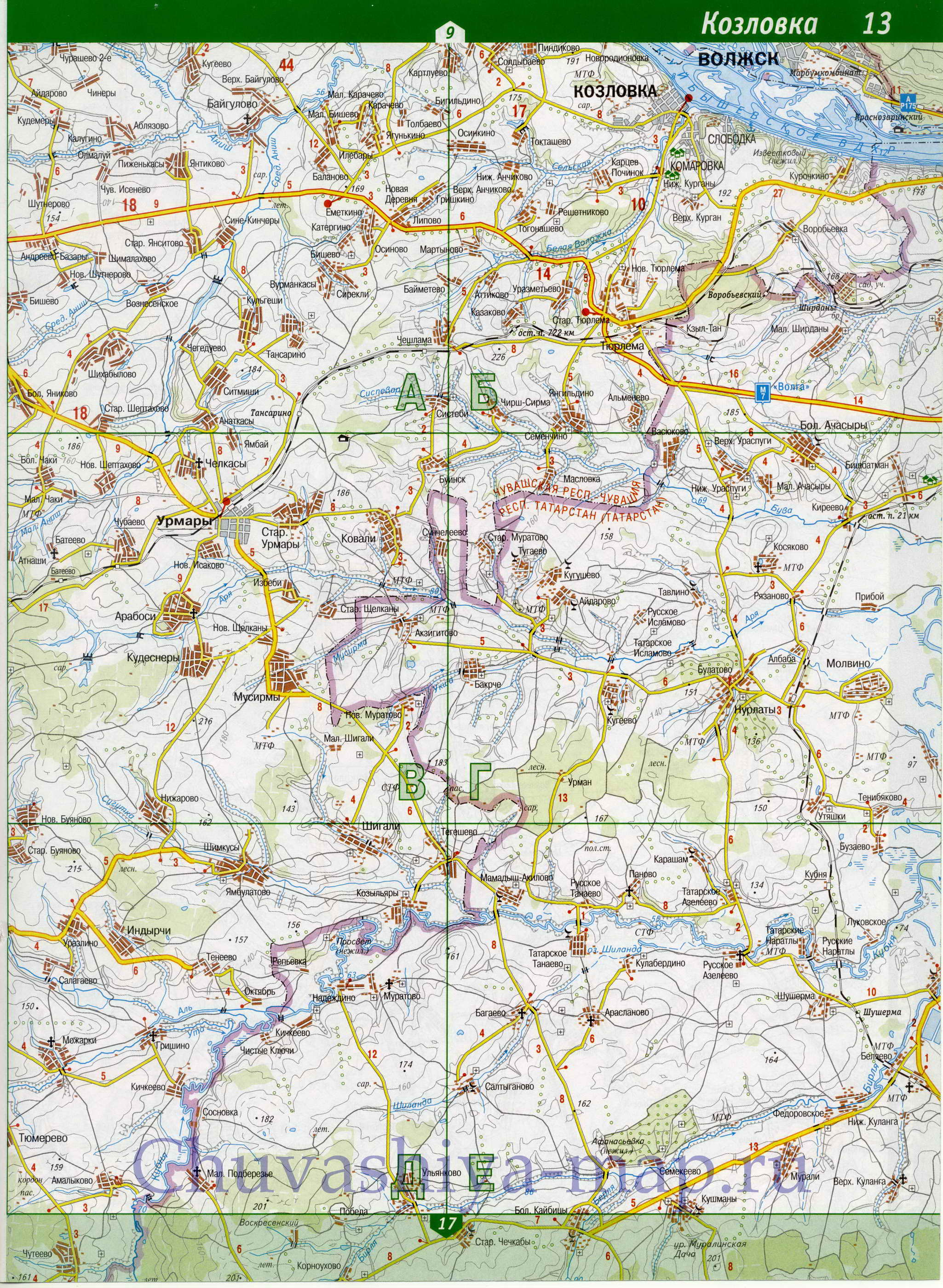 Карта Чувашии. Республика Чувашия - подробная топографическая карта масштаба 1см:2км, D1 - 