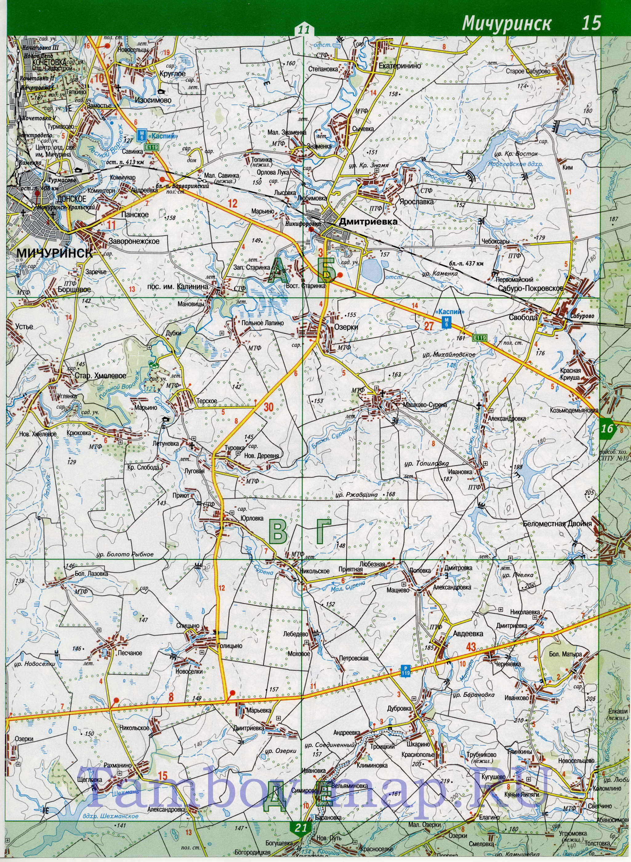 Карта Тамбовской области топографическая. Тамбовская область - подробная топографическая карта масштаба 1см:2км, B1 - 