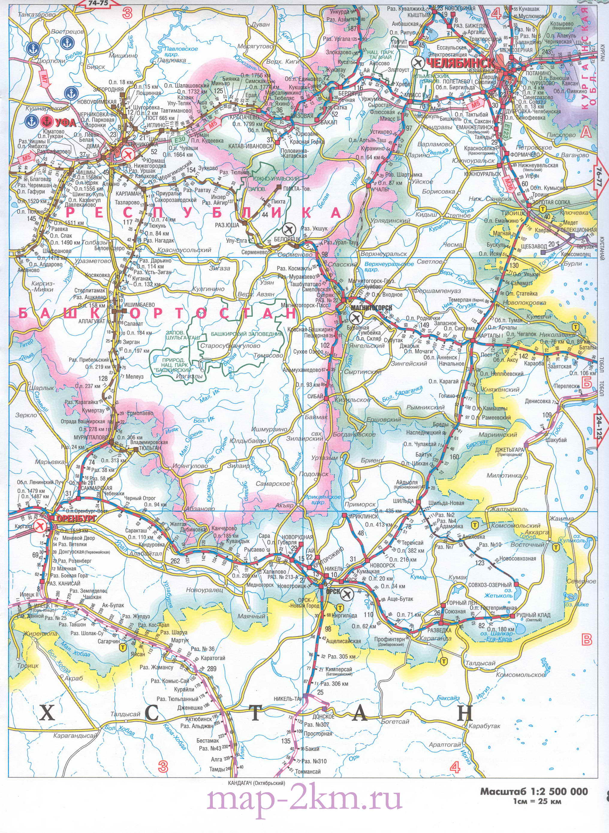 Карта Оренбургской области автомобильная и жд. Оренбургская область - подробная карта автомобильных и жд дорог 1см:25км, B0 - 