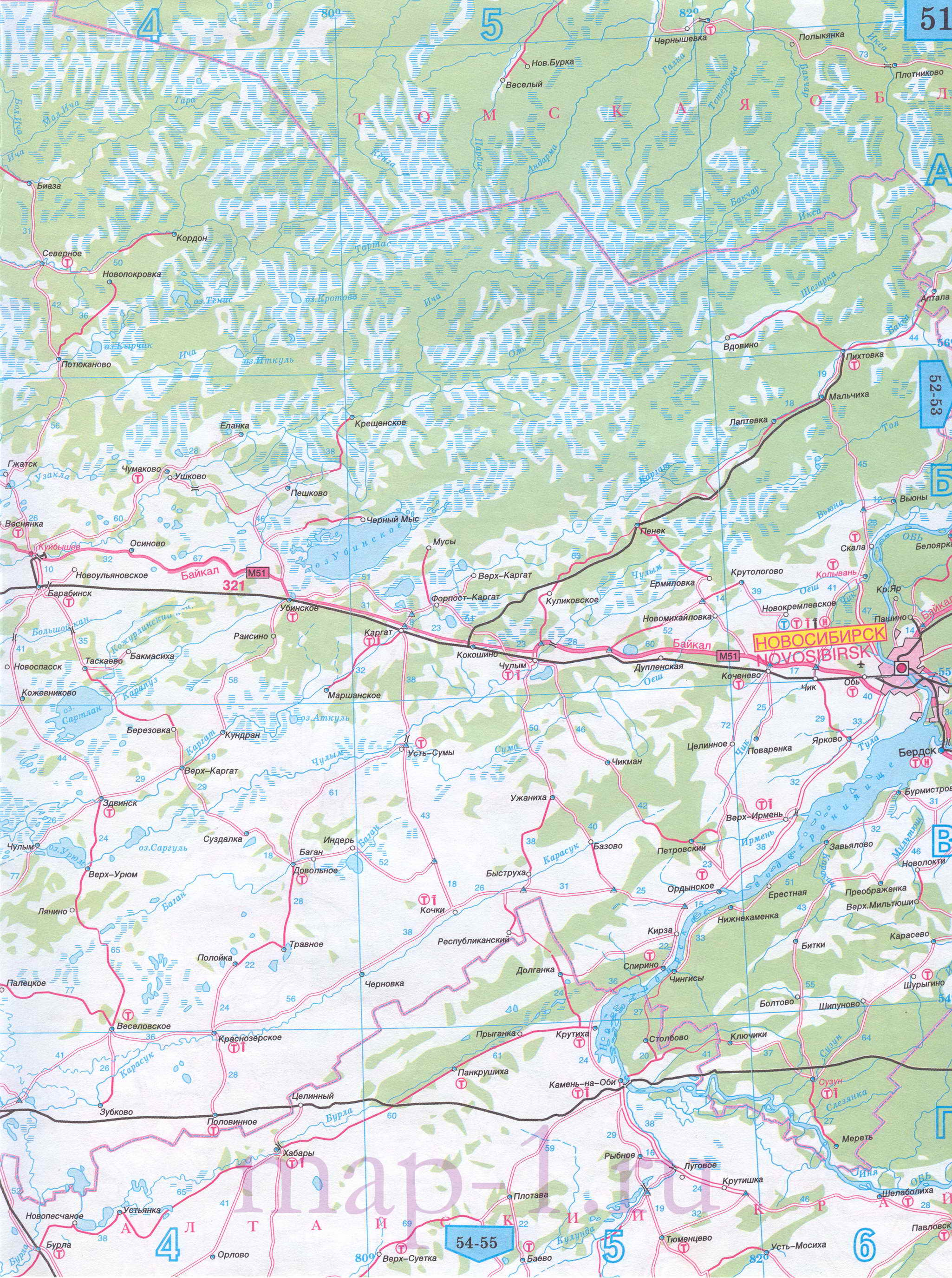 Карта Новосибирской области автомобильная. Подробная карта автомобильных дорог Новосибирской области, масштаб 1см:15км, B0 - 