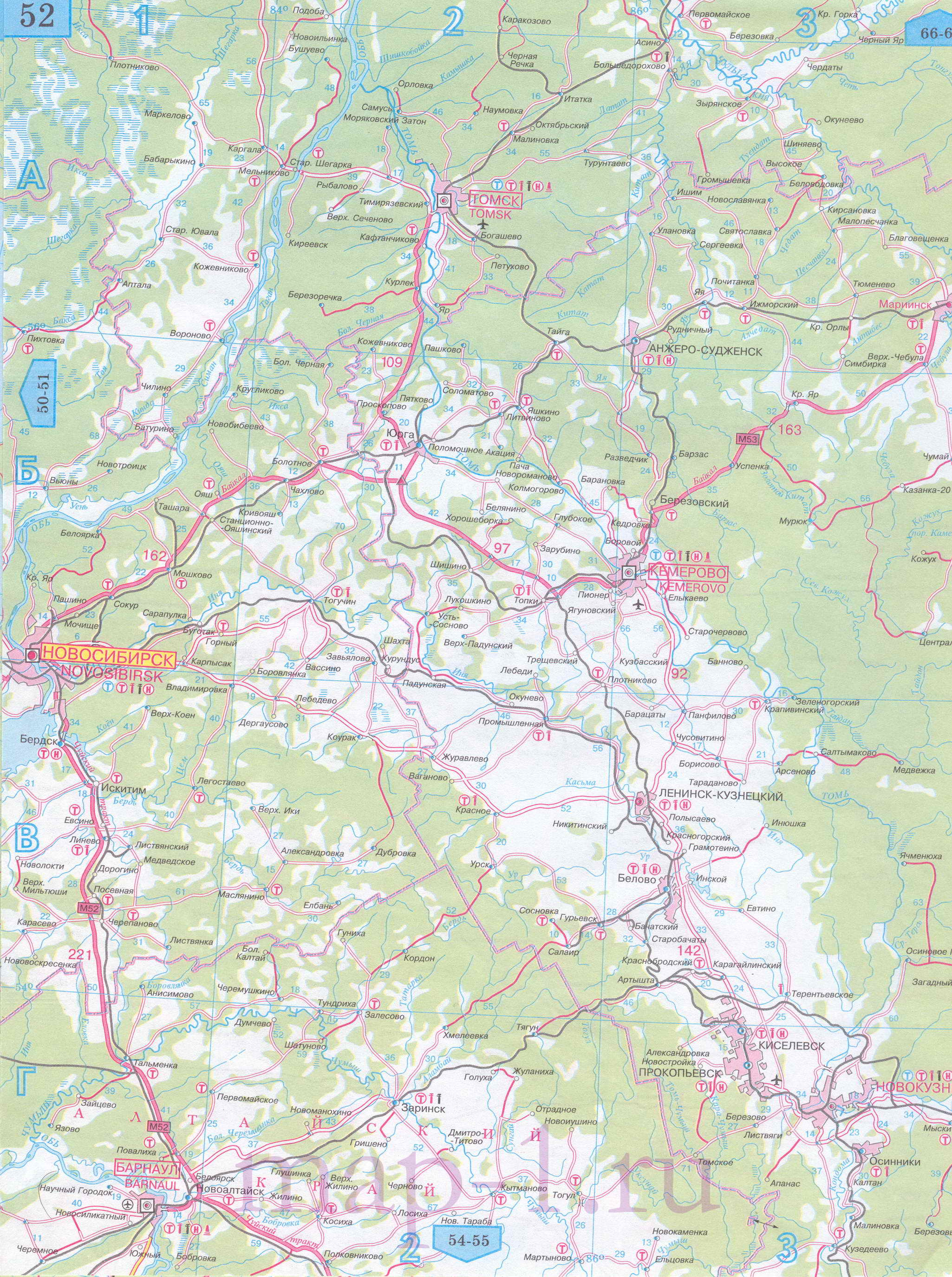 Карта Новосибирской области автомобильная. Подробная карта автомобильных дорог Новосибирской области, масштаб 1см:15км, C0 - 