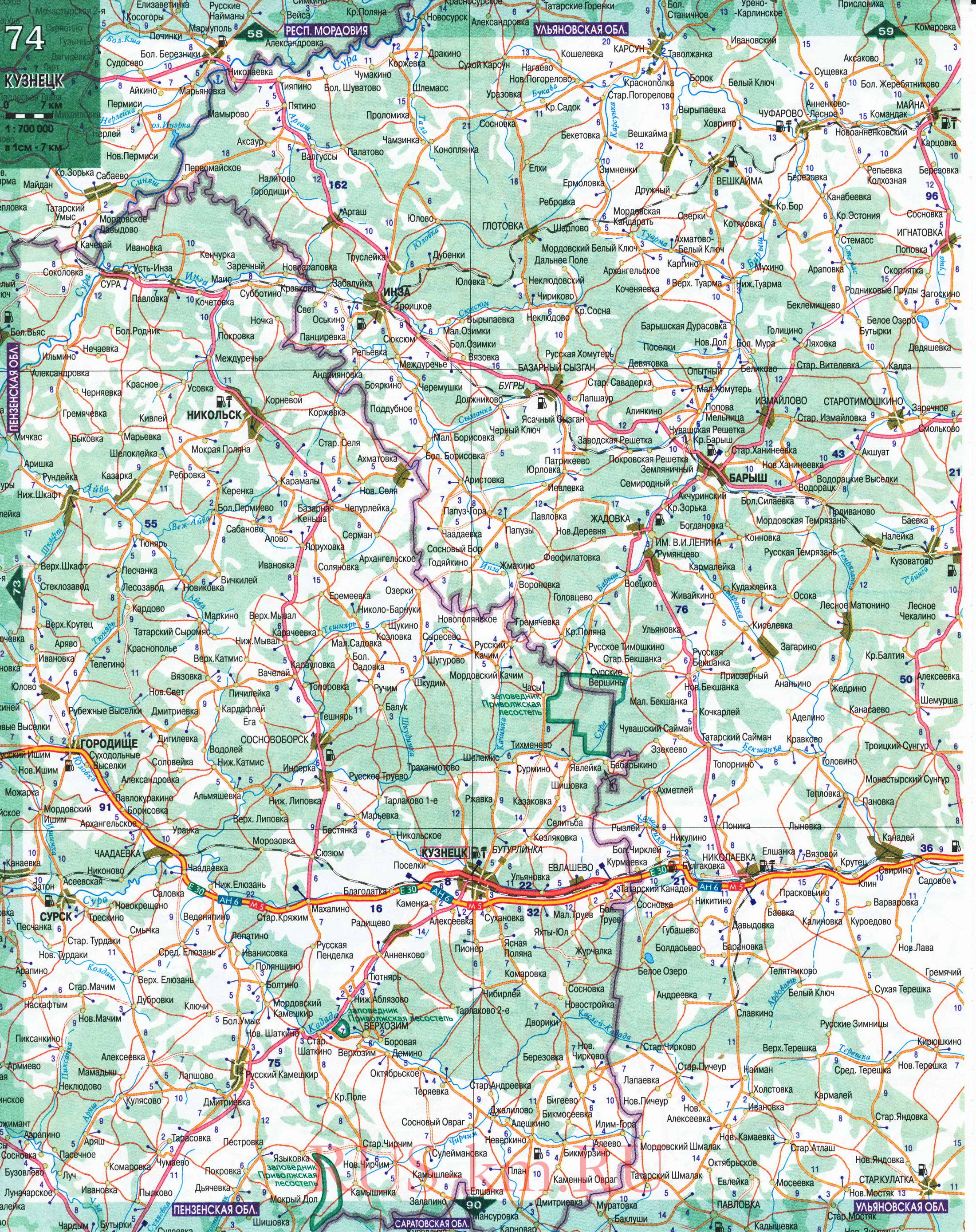 Карта Ульяновской области автомобильная. Подробная карта дорог Ульяновской области 1см:7км, A1 - 