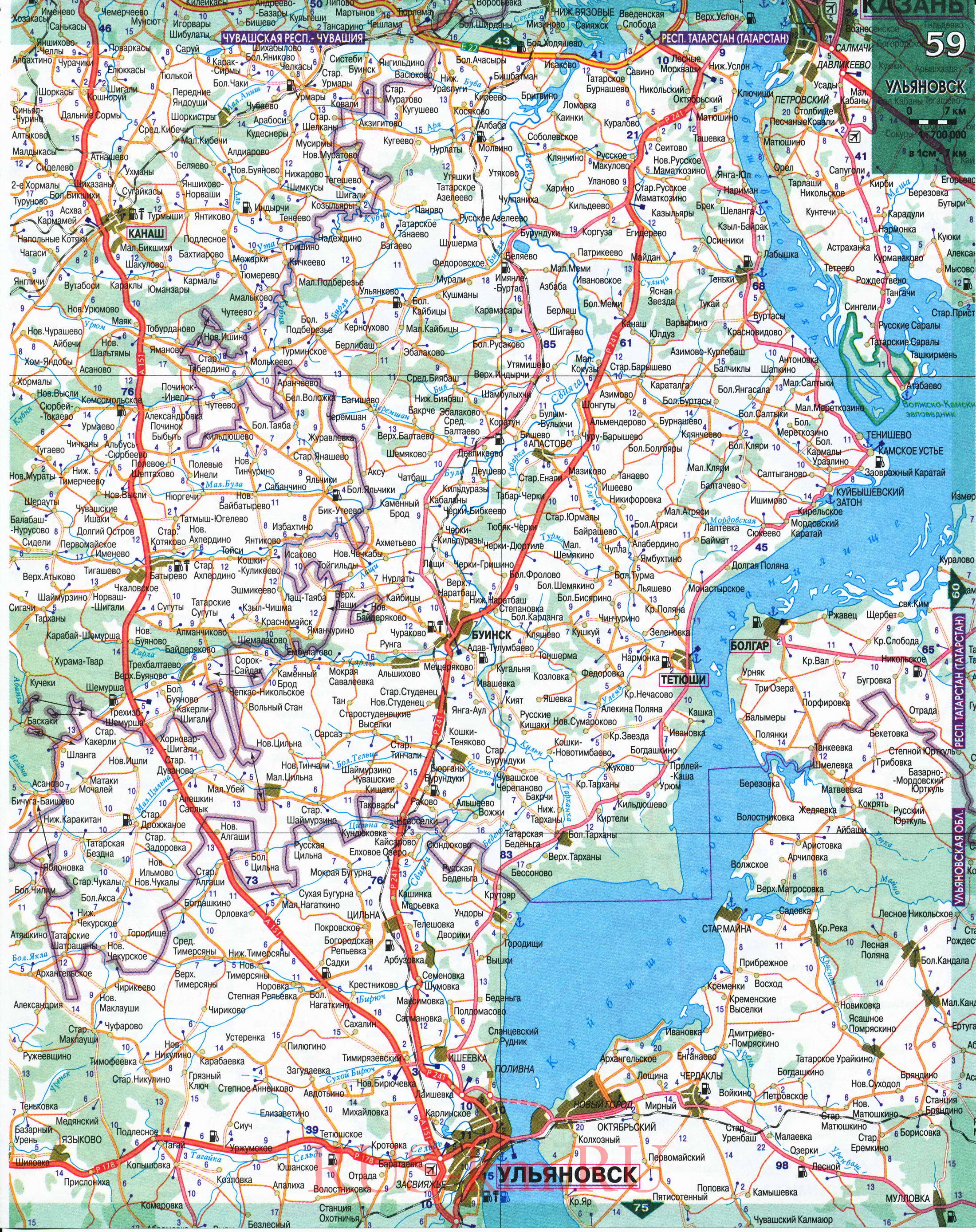 Карта Ульяновской области автомобильная. Подробная карта дорог Ульяновской области 1см:7км, B0 - 
