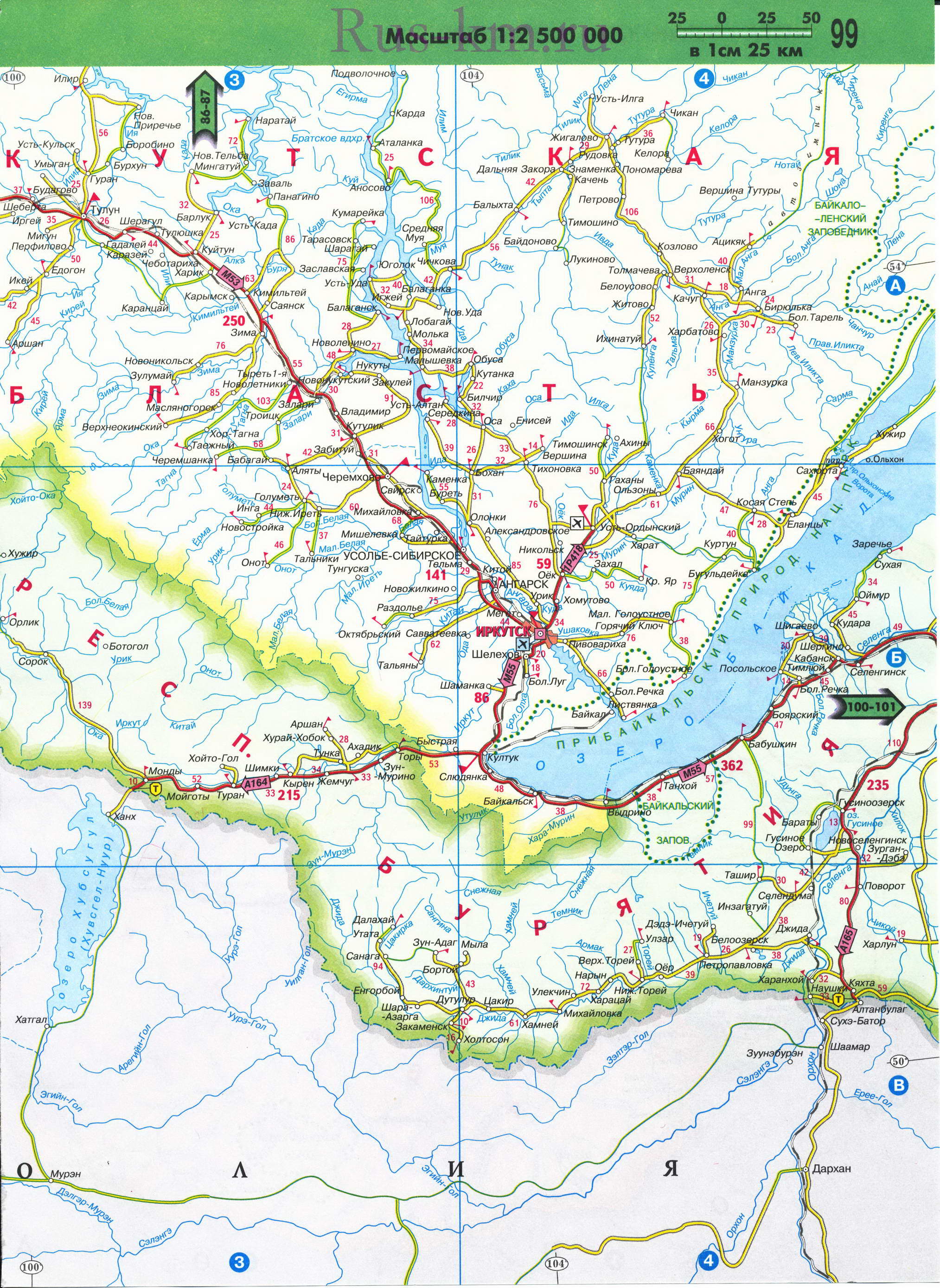 Карта Иркутской области автодорожная. Новая 2011 года карта дорог Иркутской области масштаба 1см:25км, B1 - 