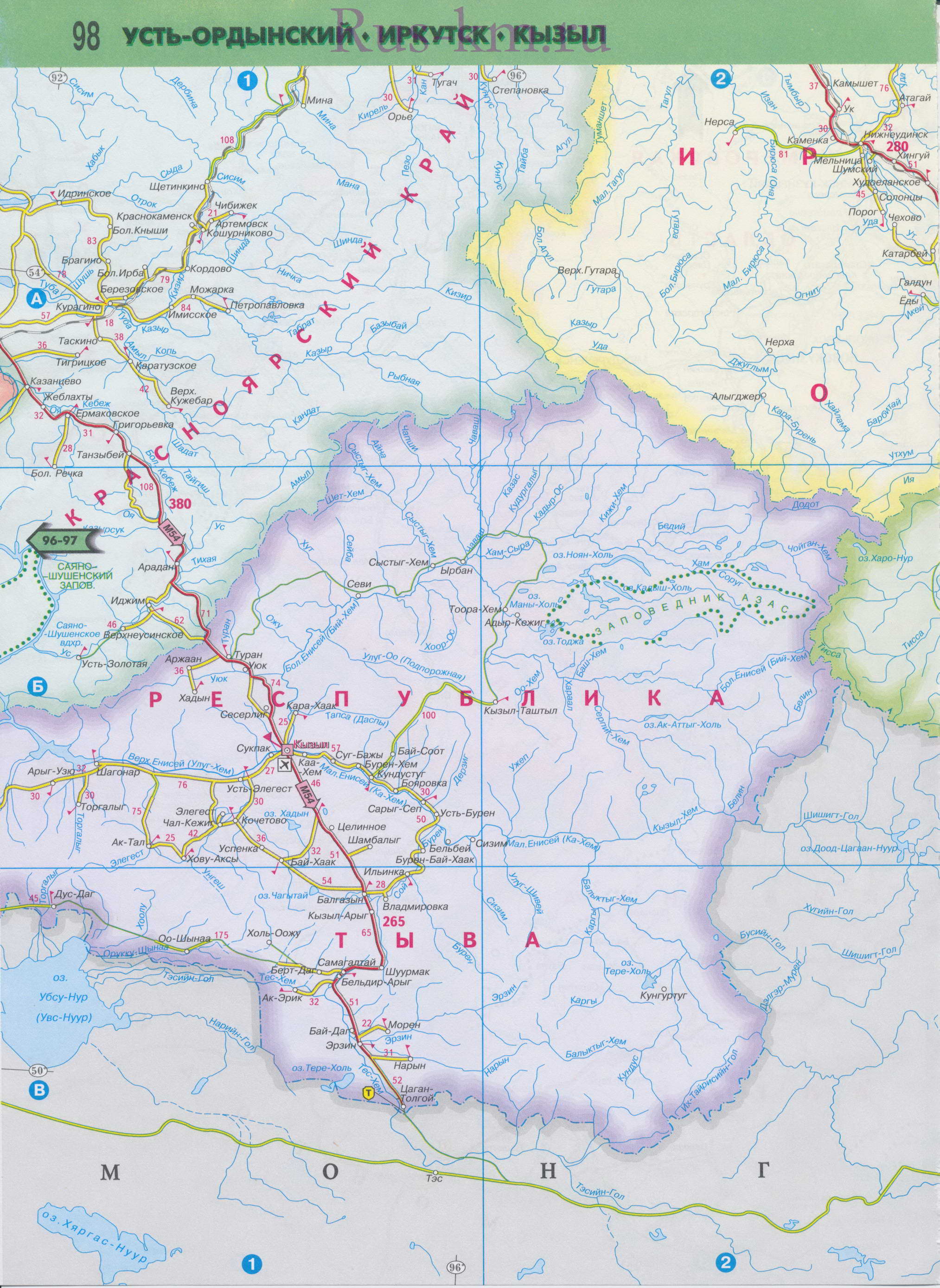 Карта Тывы. Автомобильная карта республики Тыва и соседних регионов Сибири, масштаб 1см:25км, B0 - 
